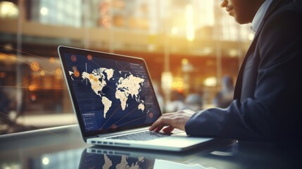 Aufkleber - Businessman working with laptop computer with icons on virtual screen and blurred office background.