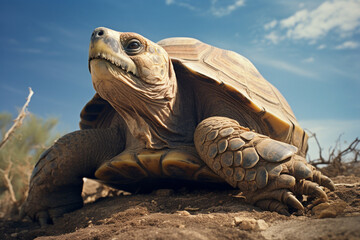 Poster - The stoic expression of a wise old turtle basking in the sun, the textured details of its shell highlighted