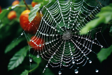 Aufkleber - A close-up shot of a dew-covered spider web, each droplet reflecting the surrounding foliage in vibrant hues