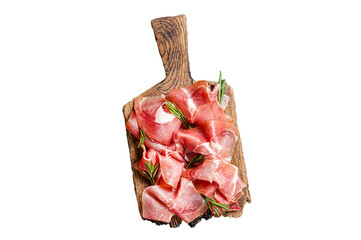 Wall Mural - Slices of jamon serrano ham or prosciutto crudo parma on wooden board with rosemary.  Transparent background. Isolated.