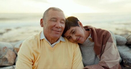 Poster - Sunset, love and a senior couple at the beach for summer travel, retirement and holiday together. Smile, care and an elderly man and woman at the ocean for vacation, date or happy at the sea