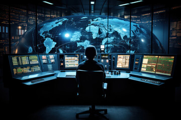 Poster - A control room with operators monitoring the intricate systems of a nuclear facility, ensuring precision and safety in power generation. Concept of nuclear energy management. Generative Ai.