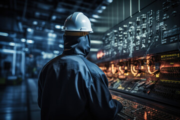 Poster - a worker in protective gear conducting a routine inspection of reactor components, emphasizing the c