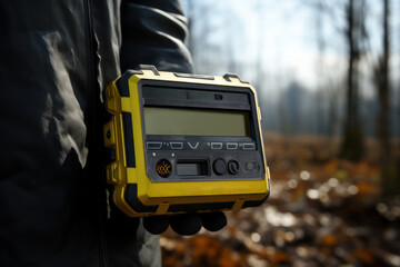 Poster - a geiger counter measuring background radiation levels in the vicinity of a nuclear power plant, emp