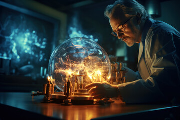 Poster - A nuclear physicist conducting experiments with a particle accelerator, illustrating the fundamental research contributing to nuclear science advancements.  Generative Ai.