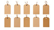© ND STOCK - Set or collection brown natural craft kraft paper hang tags, price tags or gift tags with striped bakers twine, isolated design elements, different positions, PNG File