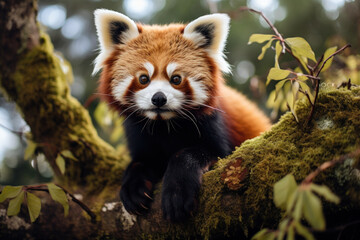 Sticker - A charismatic red panda nestled in a tree, representing the charm and uniqueness of lesser-known species in the animal kingdom. Concept of the diversity of lesser-known wildlife. Generative Ai.