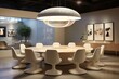 A collaborative meeting space with a circular table, modern chairs, and a combination of pendant and recessed lighting for a stylish setting.