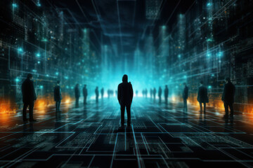Aufkleber - cyberspace hackers navigating through a digital labyrinth of floating code and firewalls, highlighti