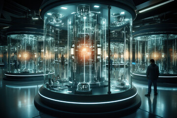 Poster - Quantum computing processors, suspended in a futuristic laboratory, symbolize the evolution of computing technology beyond classical limitations. Generative Ai.