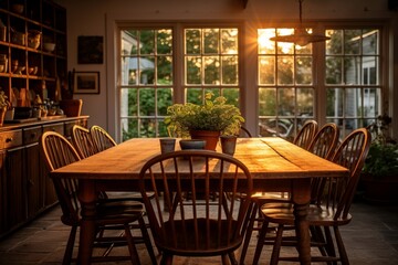Wall Mural - Evening glow in a farmhouse dining room with a long wooden table, set with handmade pottery and surrounded by Windsor chairs