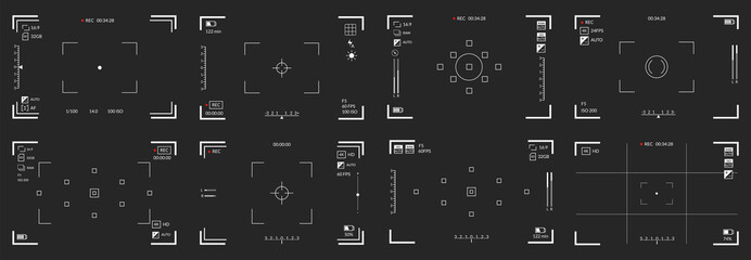Wall Mural - Viewfinders video recording. Camera focusing screen set. Black screen cameras with video shooting parameters, video quality indicators. Digital zoom recording for modern bloggers,  illustration