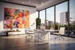 A contemporary office space adorned with abstract art, sleek furniture, and ample natural light for an inspiring work environment.