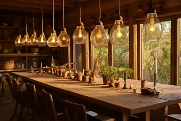 Evening glow in a rustic dining room with a long wooden table, set with handmade ceramics and lit by a cluster of vintage pendant lights