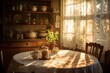 Evening light streaming through vintage lace curtains, illuminating a rustic kitchen with a farmhouse table set for a family dinner
