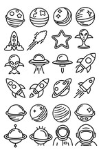 Set of space doodle icons. Hand drawn vector illustration.