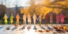 Multicolored Paper People Figures In Sunlight. Diversity, Equality Concept