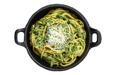 Wall Mural - Spaghetti Pasta with pesto sauce, spinach and parmesan in a pan.  Transparent background. Isolated.