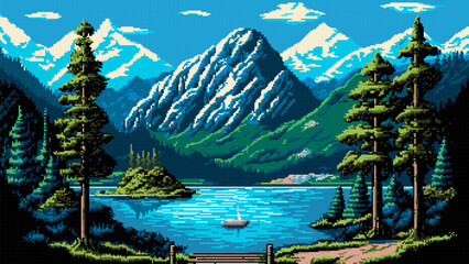 Mountain lake landscape in Alps, AI generated 8bit pixel game scene, vector background. Mountain lake and forest nature scenery with boat on summer river and trees in 8 bit pixel for game level