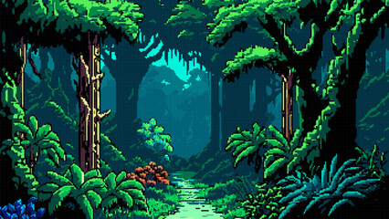 Wall Mural - Jungle forest landscape, AI generated pixel game