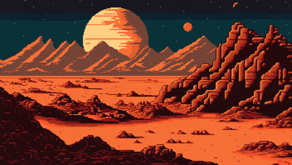 Poster - 8 bit pixel space planet landscape, AI generated