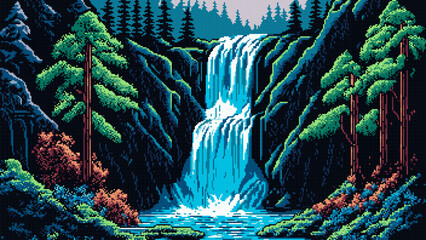 Wall Mural - Waterfall cascade at forest landscape, 8bit game