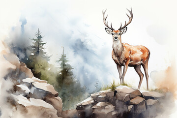 Wall Mural - Watercolor image of a deer standing on a cliff.