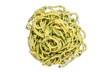 Wall Mural - Spaghetti Pasta with pesto sauce, spinach and parmesan in a pan. Transparent background. Isolated.