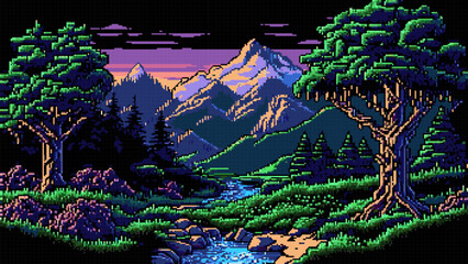 Wall Mural - Night river mountain landscape, AI generated pixel