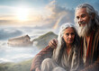 Noah and his wife after the great flood biblical scene concept. Religious theme.