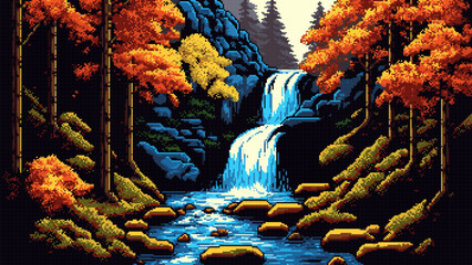 Poster - 8bit pixel art waterfall cascade and autumn forest