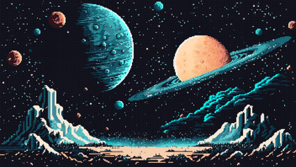 Poster - Space landscape AI generated 8bit pixel game scene