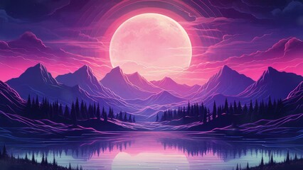 Wall Mural - Synthwave tech vapor wave landscape , - Seamless loop animation, created using AI Generative Technology