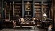 A premium office library with custom bookshelves, leather-bound volumes, and antique furniture, evoking a timeless sense of sophistication.