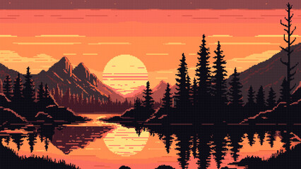 Poster - Evening sunset landscape, ai lake and mountains