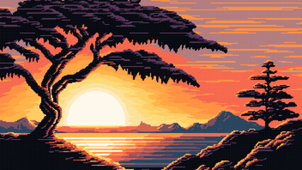 Wall Mural - Sunset at mountain lake AI generated landscape