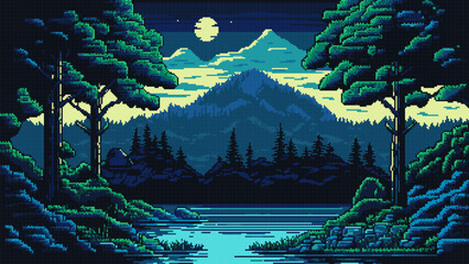 Wall Mural - AI generated night mountain lake, pixel landscape