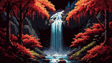 Waterfall Cascade In Autumn Forest Ai Landscape