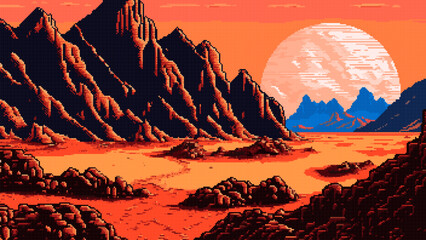 Poster - AI generated mars planet mountains in 8bit pixel