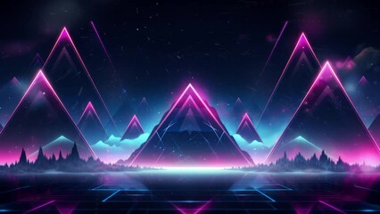 Wall Mural - Synthwave tech synthwave fractal neon shapes at night, black background - Seamless loop animation, created using AI Generative Technology