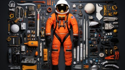 astronaut's equipment knolling flat lay arrangement