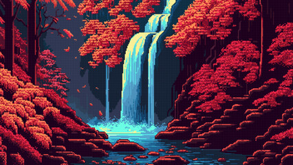 Wall Mural - 8 bit pixel autumn forest waterfall, AI landscape