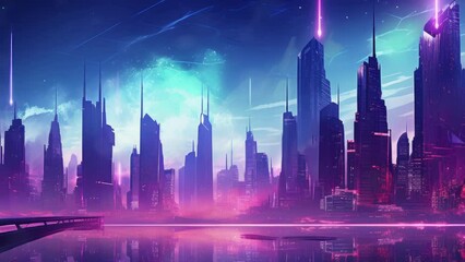 Wall Mural - Synthwave tech A futuristic night city in the distance glowing with neon light. Surrealistic skyscrapers. Cyberpunk, Vaporwave, - Seamless loop animation, created using AI Generative Technology