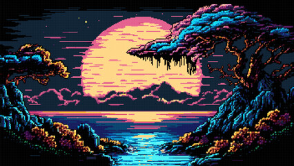 Wall Mural - AI generated pixel evening sea bay landscape