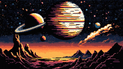 Poster - 8 bit pixel space planets landscape, AI generated