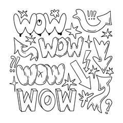 Poster - Outline sketch set with word WOW and arrows in retro 90s style. Clipart of hand drawn words, arrows. Black contour doodle signs and words in bubble, street style graffiti. Perfect for social media