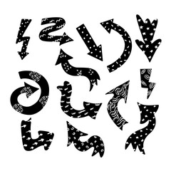 Poster - Black hand drawn arrows set with different textures. Black isolated signs with white scribbles, arrows, circles, crossed lines on white background. Collection of vector hand drawn pointer signs.