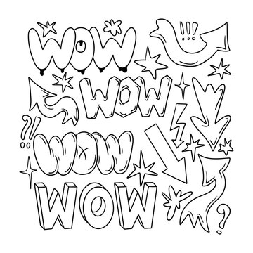 Outline sketch set with word WOW and arrows in retro 90s style. Clipart of hand drawn words, arrows. Black contour doodle signs and words in bubble, street style graffiti. Perfect for social media