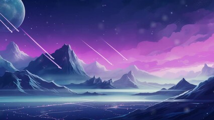 Wall Mural - Synthwave tech. Syntwave Mountains. Future Adventure Exploration. Can be used for decoration. in cyberpunk style. - Seamless loop animation, created using AI Generative Technology
