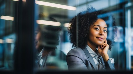 Portrait of African American female professional in modern workplace looking thoughtful through window